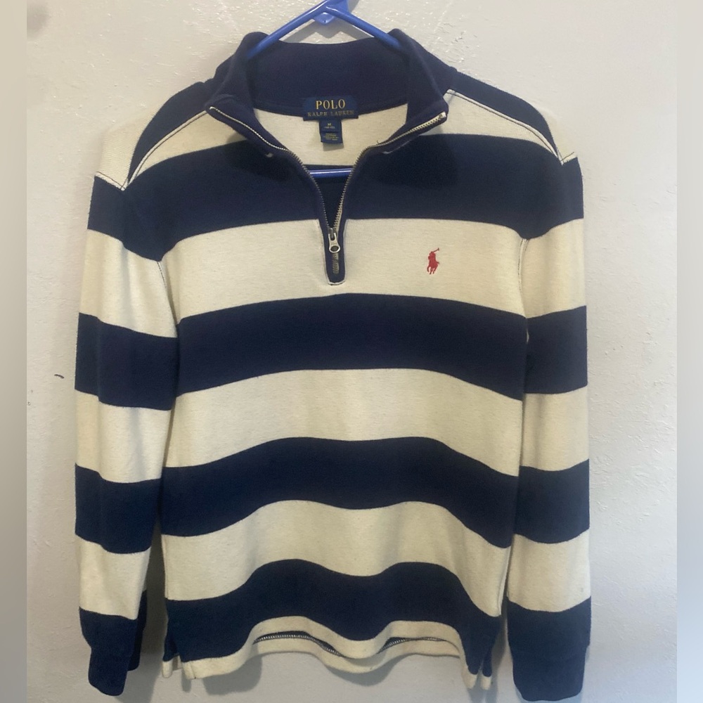 Polo Ralph Lauren Navy and Cream Striped Zip-Up Sweater